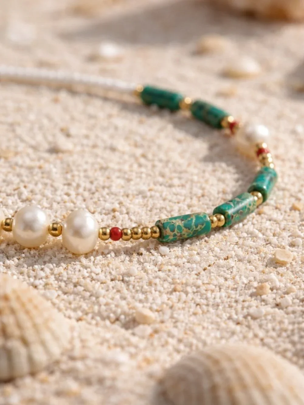 Handmade Boho Green Agate Faux Pearl White Seed Bead Choker Necklace Gold Tone
